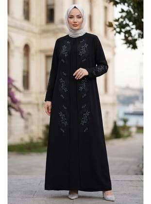 Çiçek Taş İşlemeli Şık Tesettür Anne Elbisesi Siyah HM2905