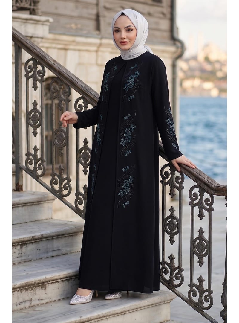 Çiçek Taş İşlemeli Şık Tesettür Anne Elbisesi Siyah HM2905 - Resim 2