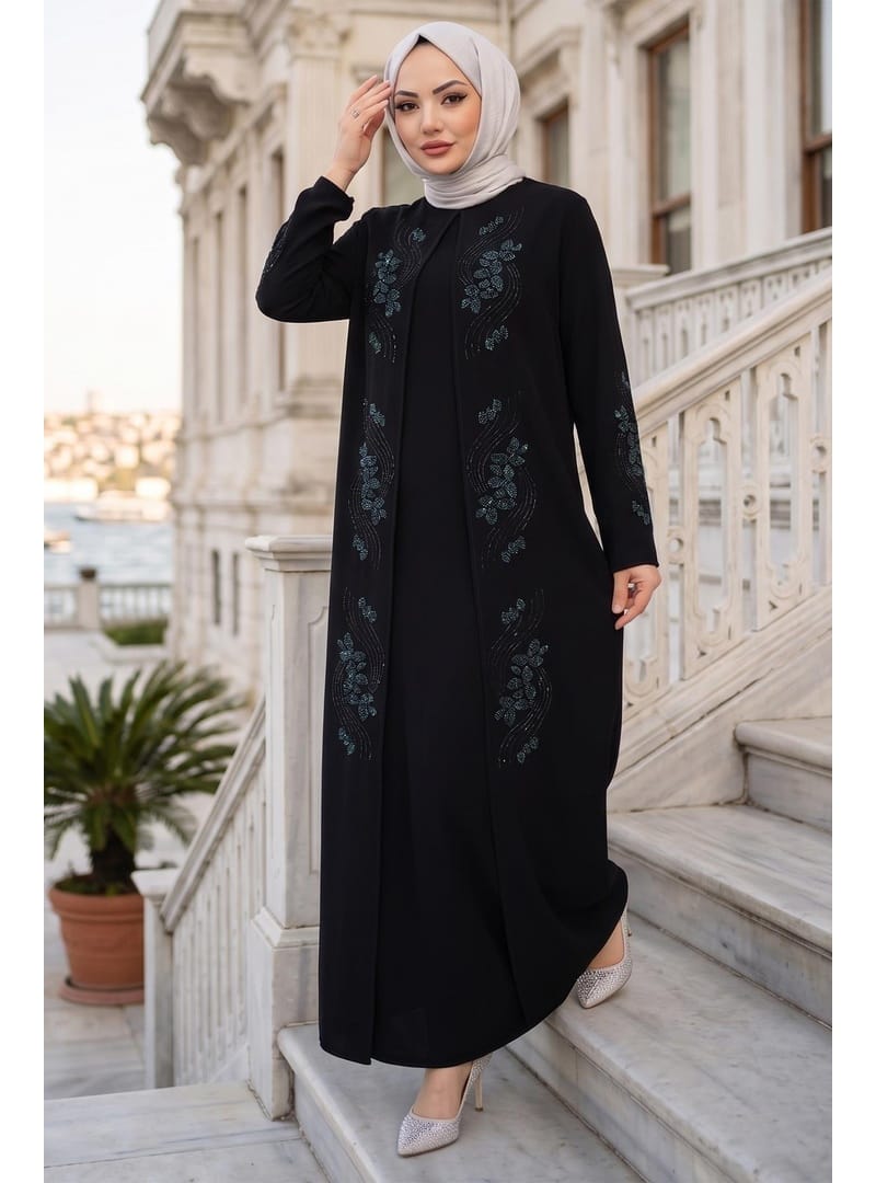 Çiçek Taş İşlemeli Şık Tesettür Anne Elbisesi Siyah HM2905 - Resim 3