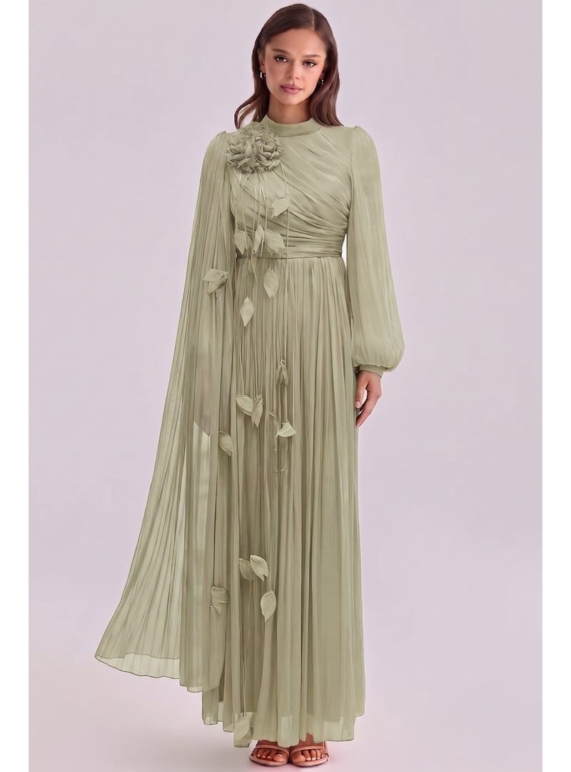Broş Detaylı Pelerin Yoryo İpek Tesettür Abiye Elbise AÇIK YEŞİL 1256 - Resim 3
