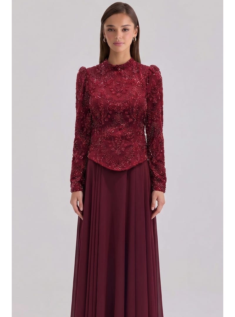Boncuk Desenli Şifon Kombinli Exclusive Tesettür Abiye Elbise BORDO 1089 - Resim 4
