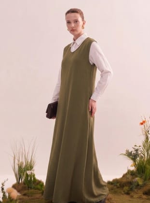Gömlekli Jile Elbise - Haki - MODANURSEDA