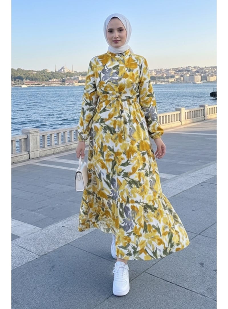 Çiçek Desenli Modal Elbise 1713 - Sarı - Resim 2
