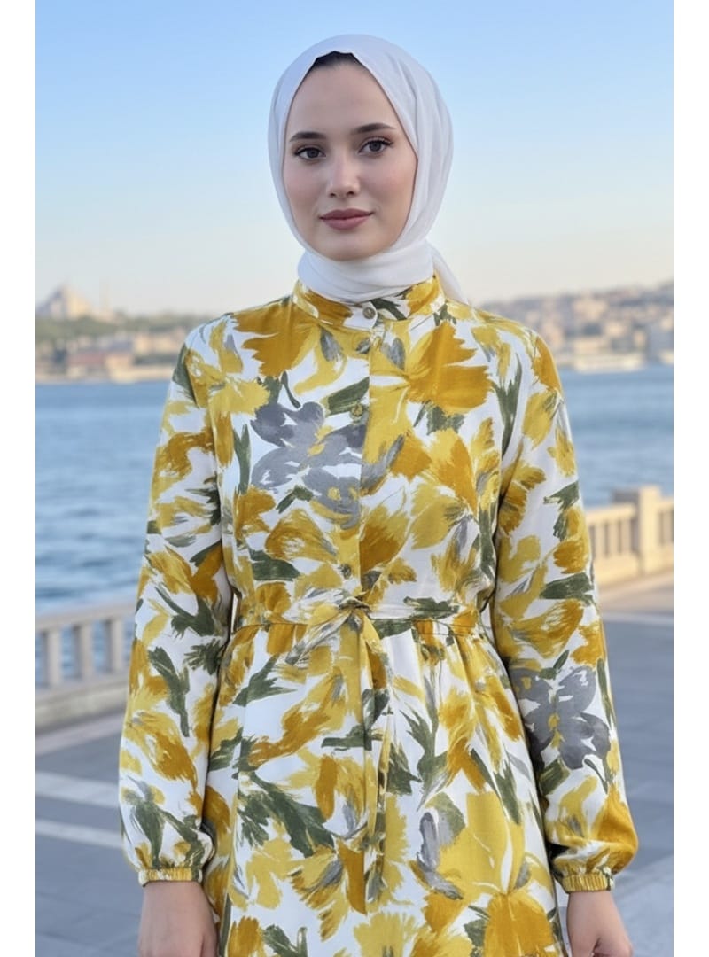 Çiçek Desenli Modal Elbise 1713 - Sarı - Resim 3