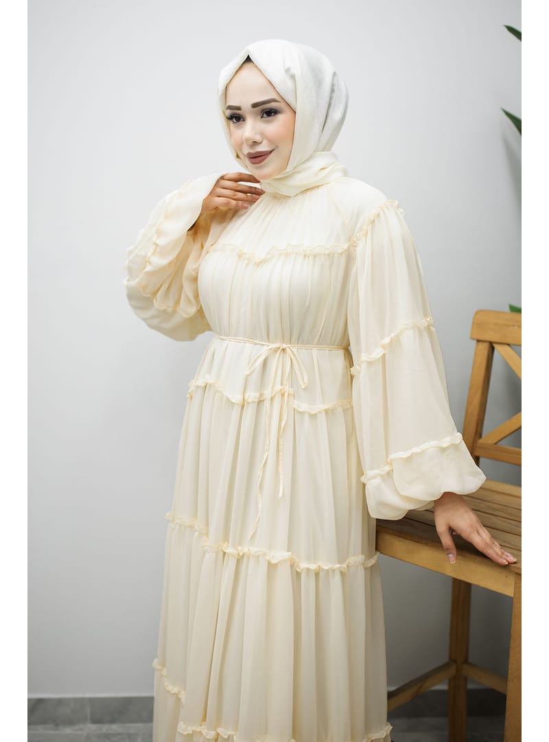 Beli Bağlamalı Fırfırlı Şifon Elbise TSD260142 Bej - Resim 2