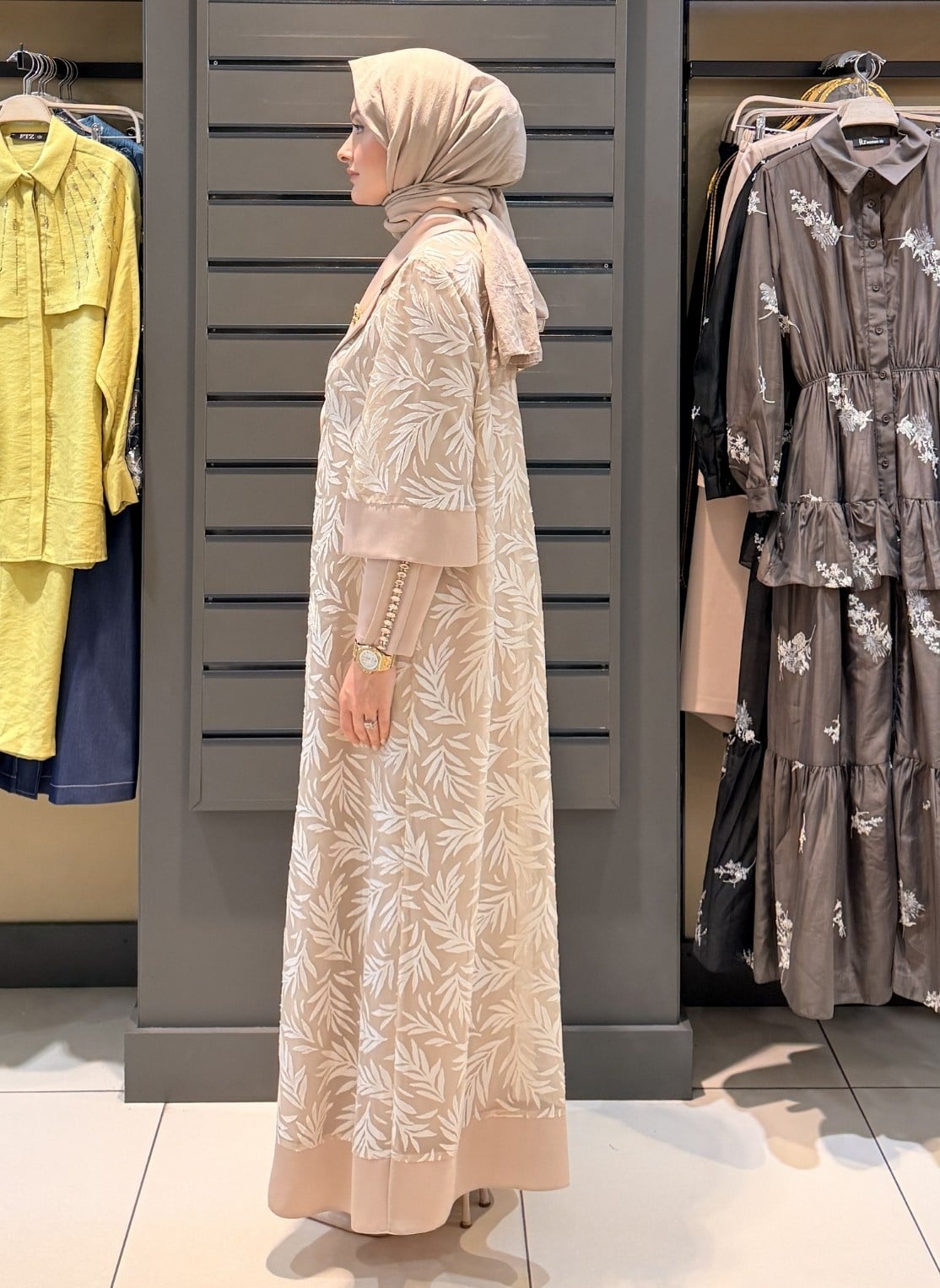 DESENLİ ABAYA TAKIM BEJ - Resim 2