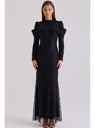 İnci ve Pul Desenli Exclusive Tesettür Abiye Elbise SİYAH 1090