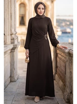Yandan Tokalı Ayrobin Elbise Acı Kahve HM2914