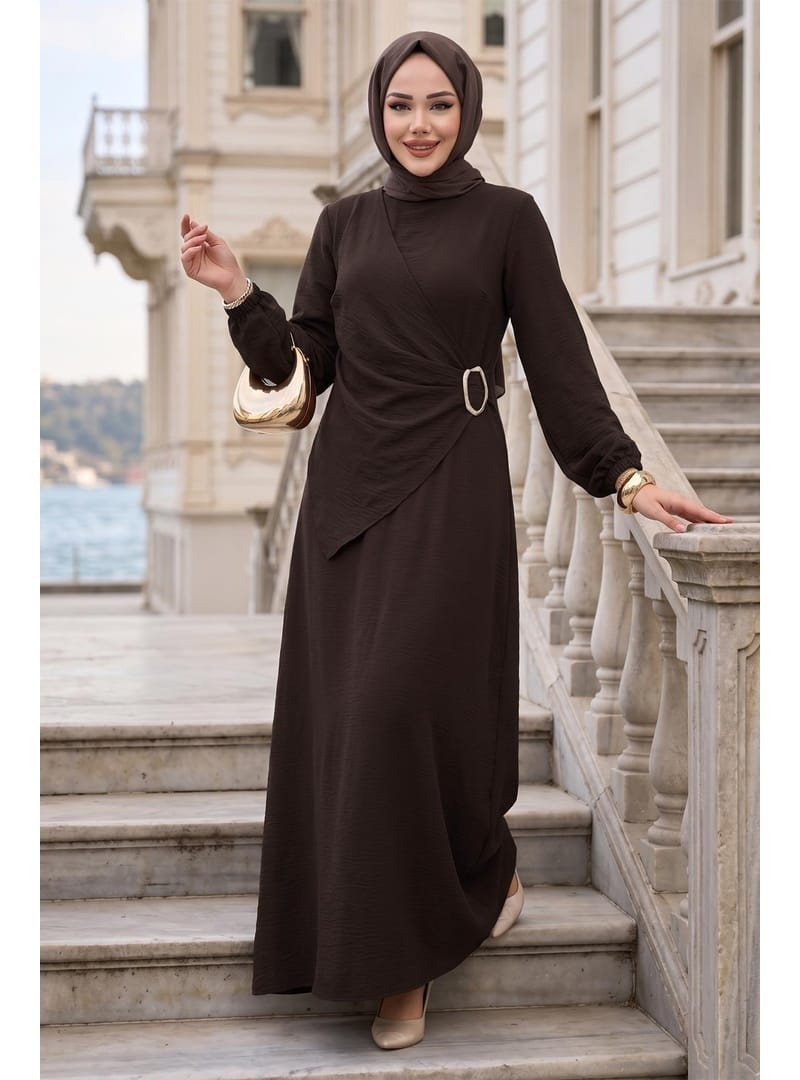 Yandan Tokalı Ayrobin Elbise Acı Kahve HM2914 - Resim 2