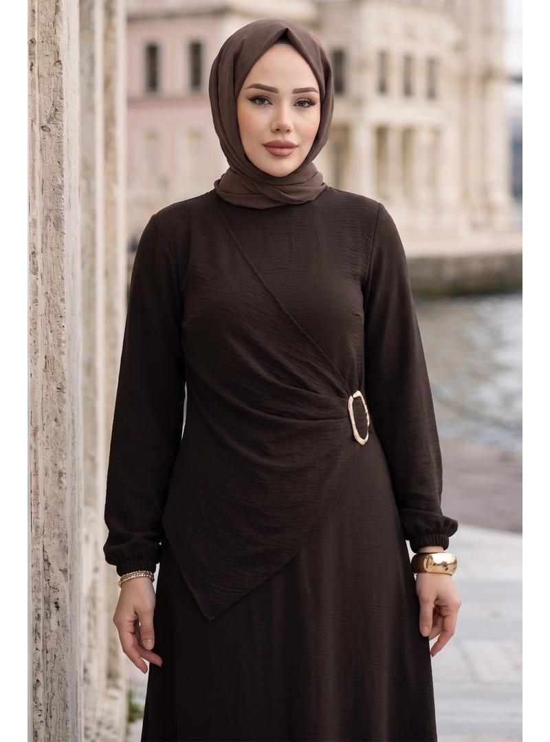 Yandan Tokalı Ayrobin Elbise Acı Kahve HM2914 - Resim 3