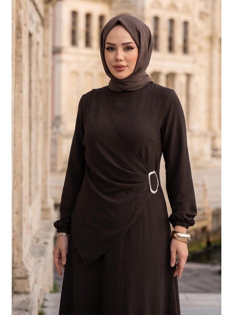 Yandan Tokalı Ayrobin Elbise Acı Kahve HM2914 - Resim 4