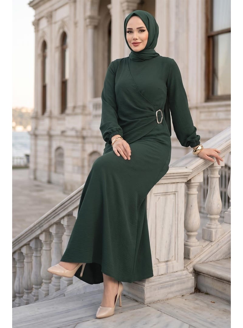 Yandan Tokalı Ayrobin Elbise Haki HM2914 - Resim 3