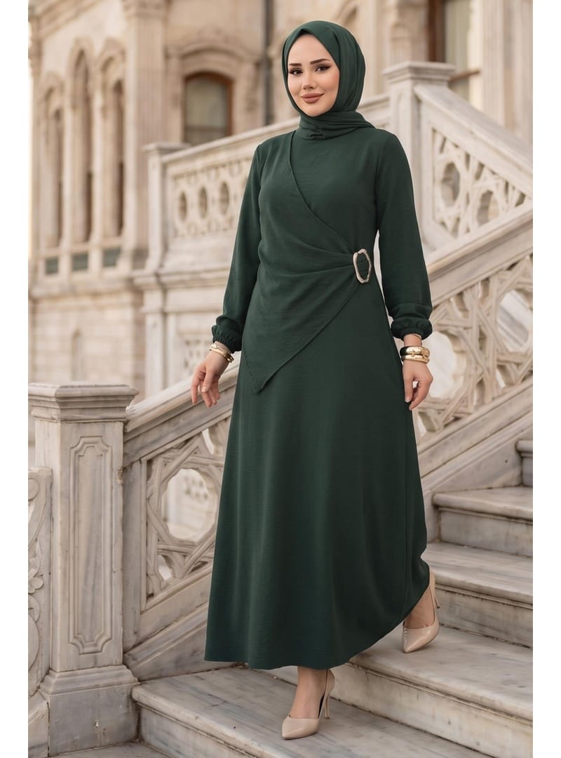 Yandan Tokalı Ayrobin Elbise Haki HM2914 - Resim 4