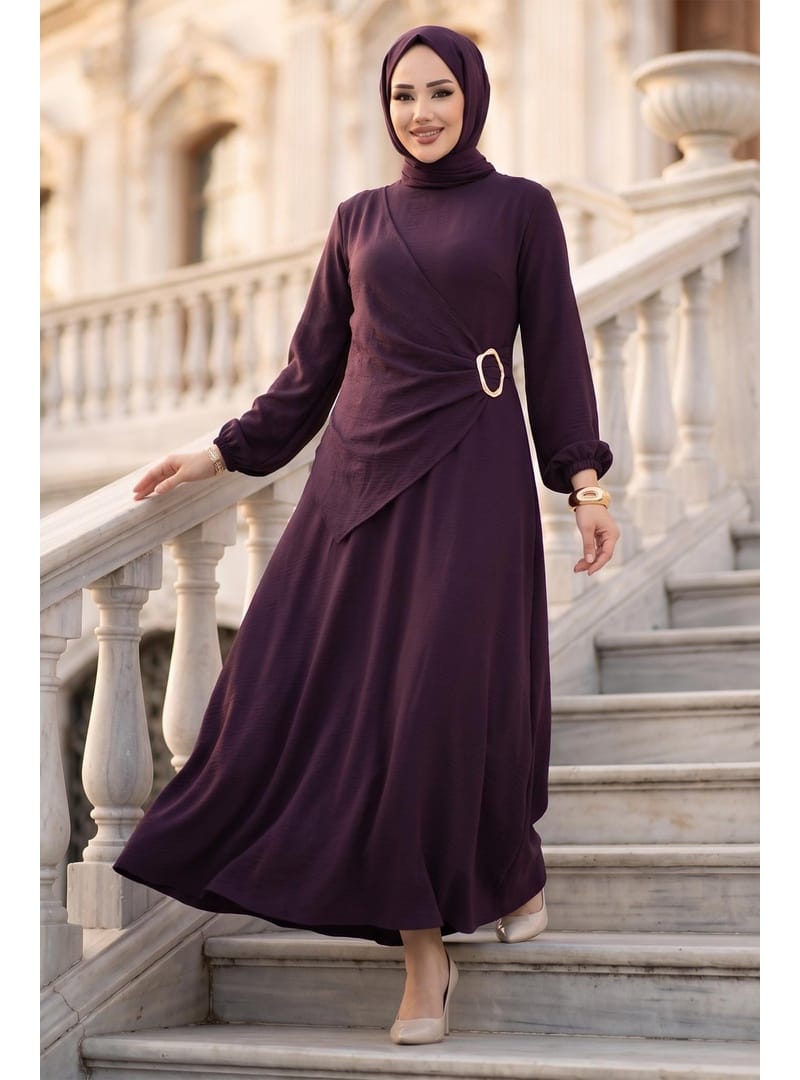 Yandan Tokalı Ayrobin Elbise Mürdüm HM2914 - Resim 2