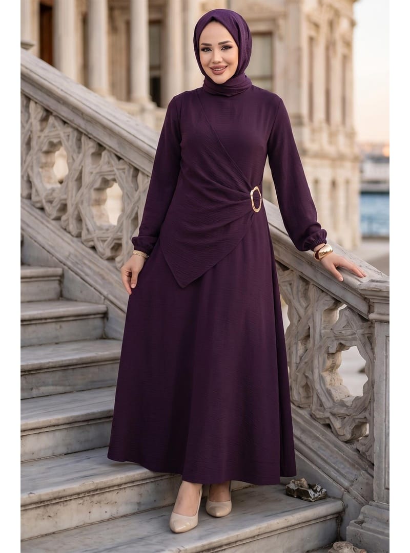 Yandan Tokalı Ayrobin Elbise Mürdüm HM2914 - Resim 3