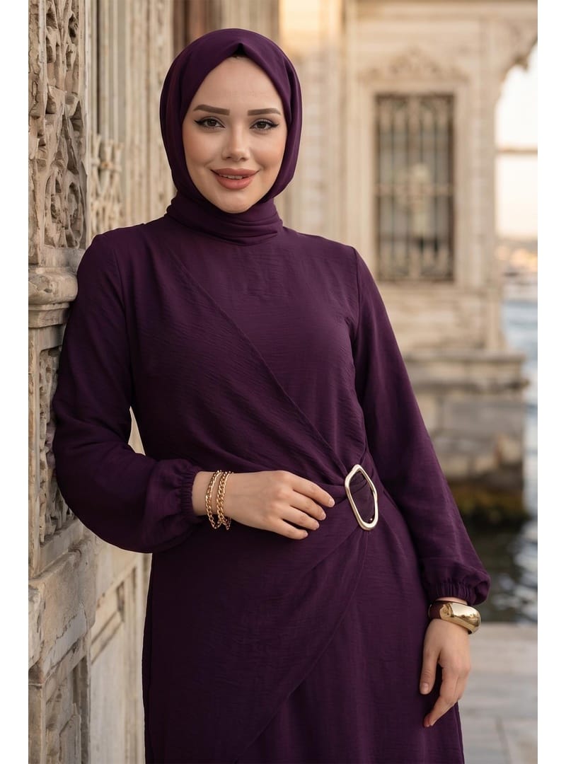 Yandan Tokalı Ayrobin Elbise Mürdüm HM2914 - Resim 4