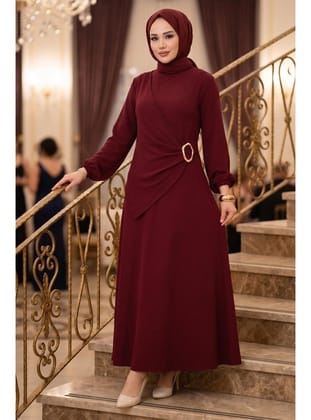 Yandan Tokalı Ayrobin Elbise Bordo HM2914