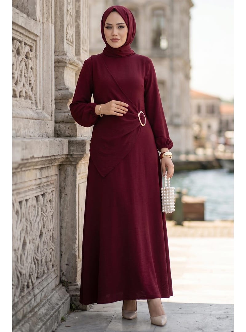 Yandan Tokalı Ayrobin Elbise Bordo HM2914 - Resim 2