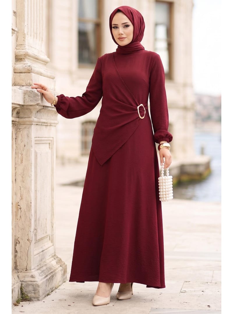 Yandan Tokalı Ayrobin Elbise Bordo HM2914 - Resim 3