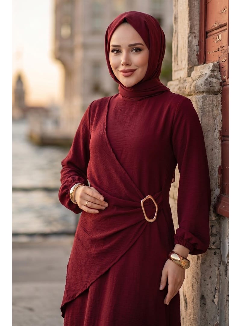 Yandan Tokalı Ayrobin Elbise Bordo HM2914 - Resim 4