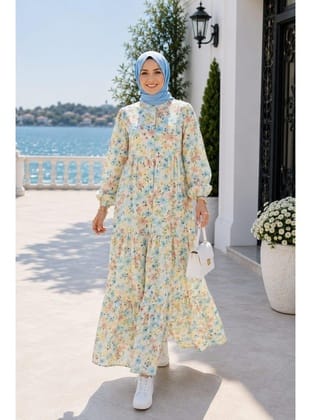 Kadın Düğmeli Desenli Modal Kumaş Bej Elbise