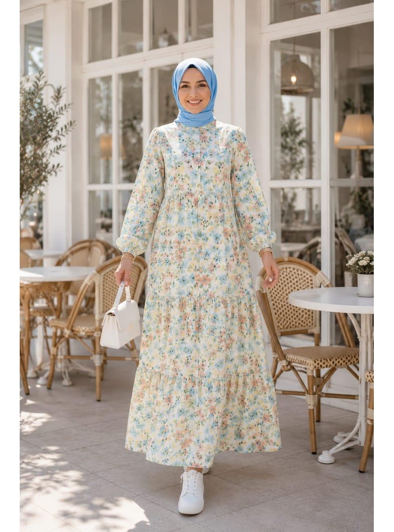 Kadın Düğmeli Desenli Modal Kumaş Bej Elbise - Resim 3