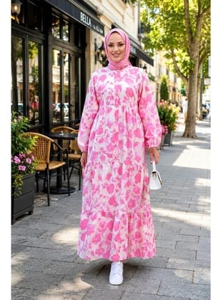 Kadın Düğmeli Desenli Modal Kumaş Pembe Elbise