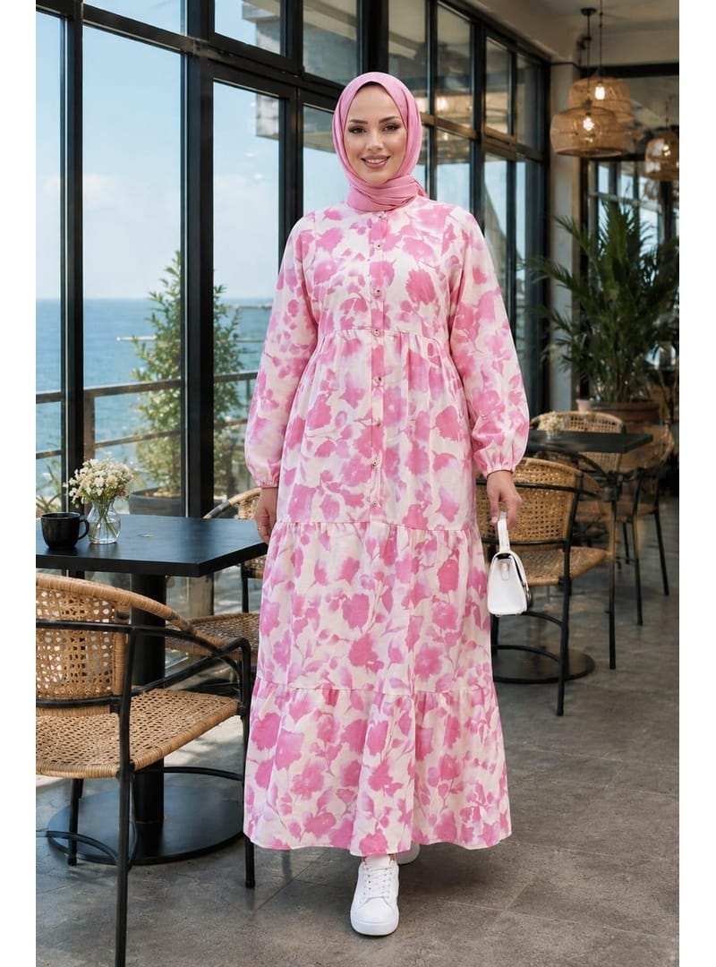 Kadın Düğmeli Desenli Modal Kumaş Pembe Elbise - Resim 2