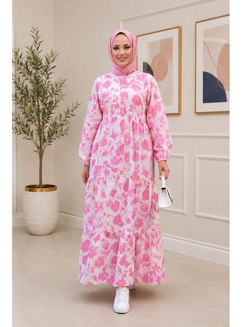 Kadın Düğmeli Desenli Modal Kumaş Pembe Elbise - Resim 3