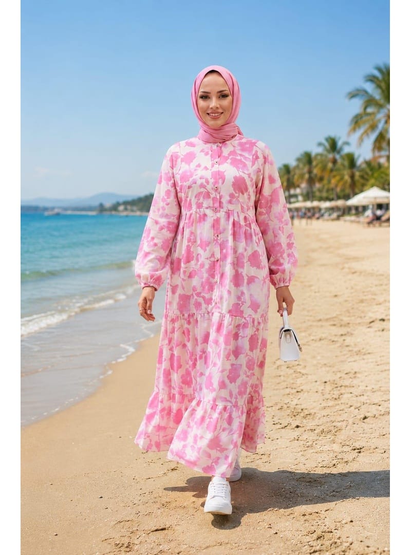 Kadın Düğmeli Desenli Modal Kumaş Pembe Elbise - Resim 4