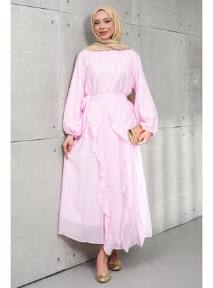 Pembe Seyyar Etekli Balon Kol Elbise