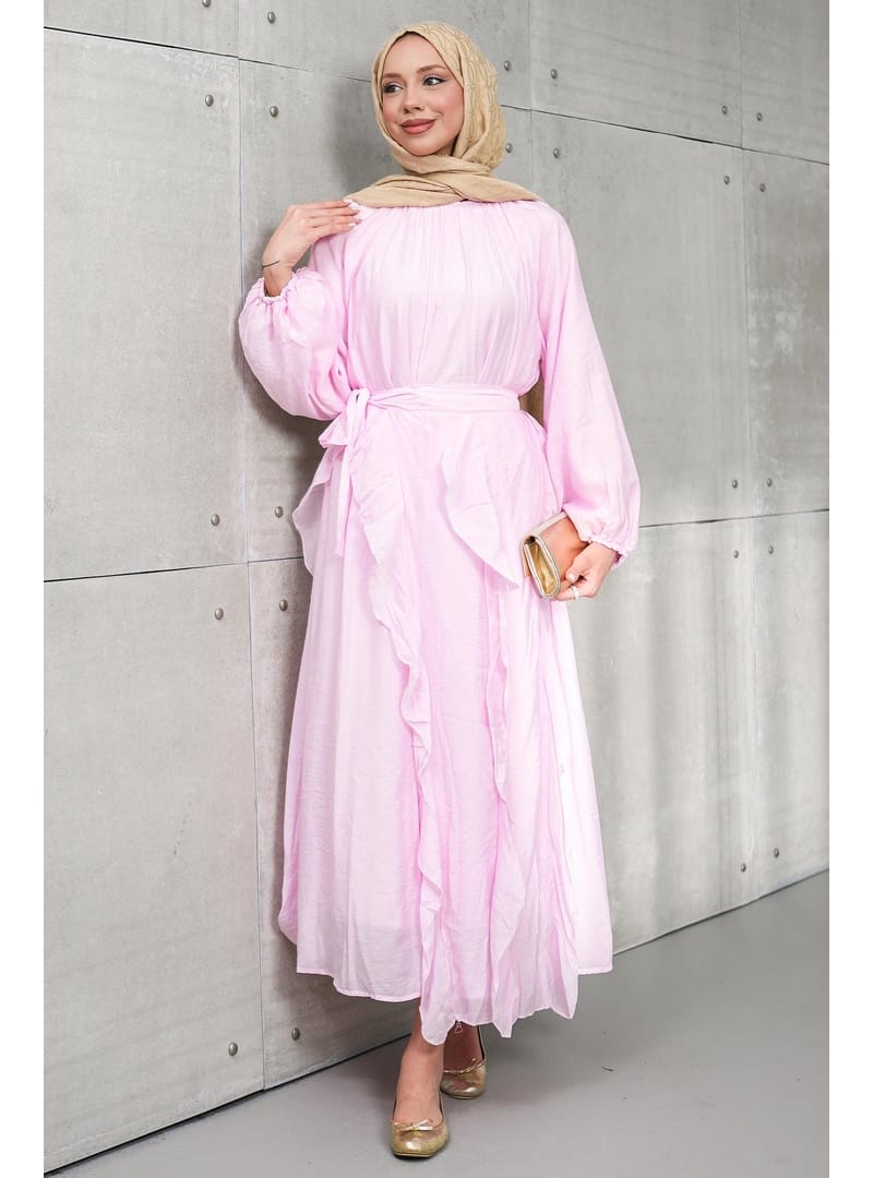 Pembe Seyyar Etekli Balon Kol Elbise - Resim 3