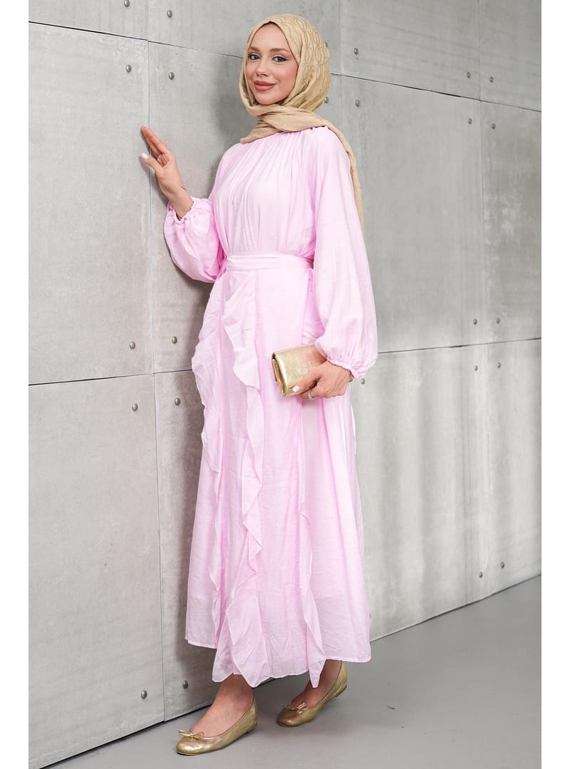 Pembe Seyyar Etekli Balon Kol Elbise - Resim 4