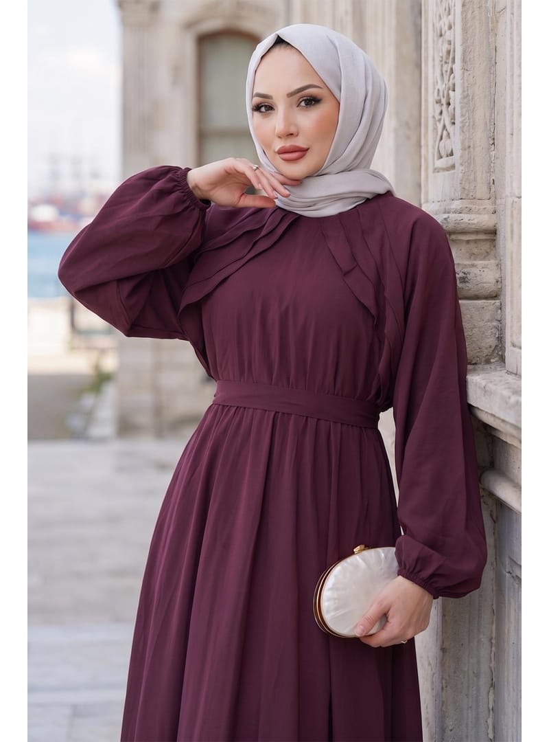 Kuşaklı Beli Lastikli Modal Elbise Bordo HM2916 - Resim 2