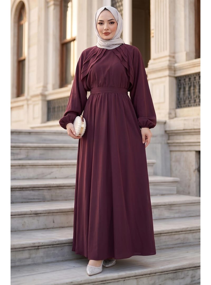 Kuşaklı Beli Lastikli Modal Elbise Bordo HM2916 - Resim 3
