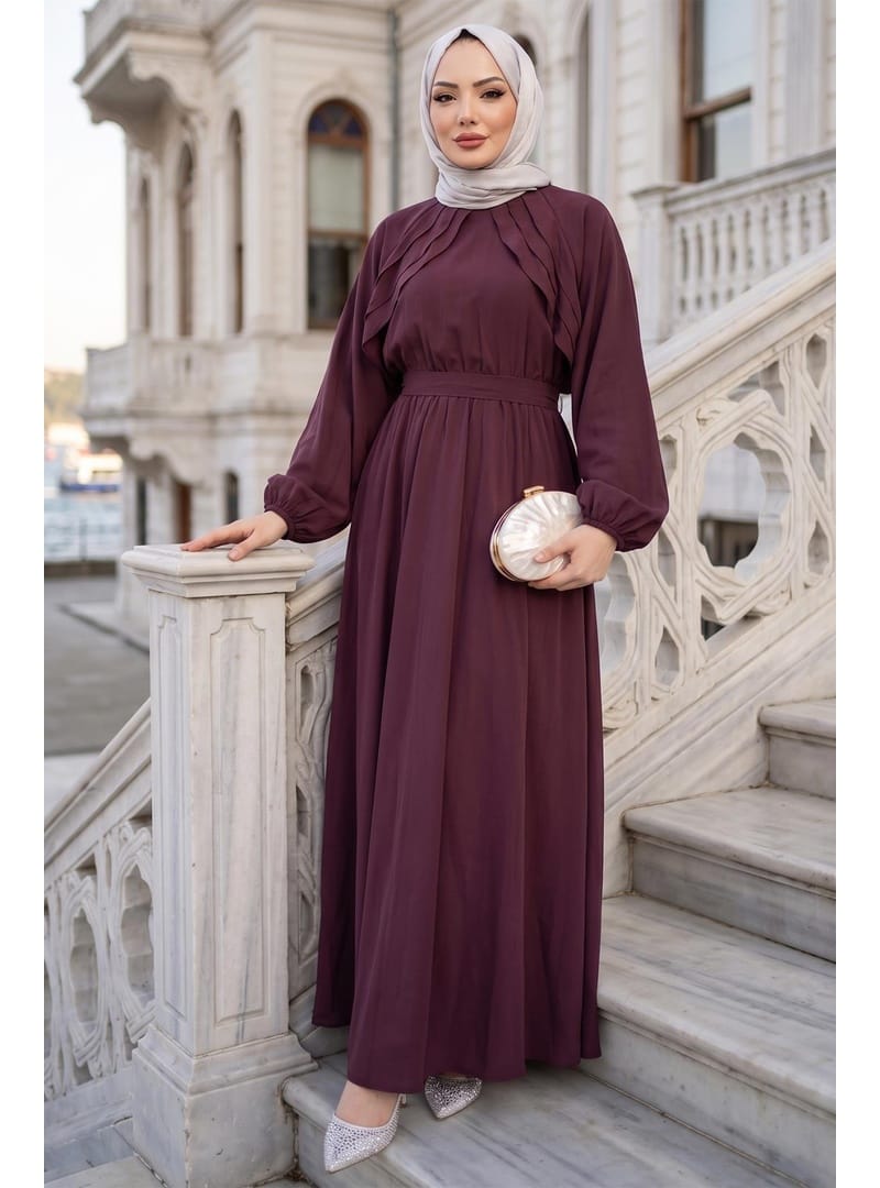Kuşaklı Beli Lastikli Modal Elbise Bordo HM2916 - Resim 4