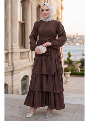 Beli Lastikli Bağlamalı Kat Kat Modal Elbise Kahverengi HM2915