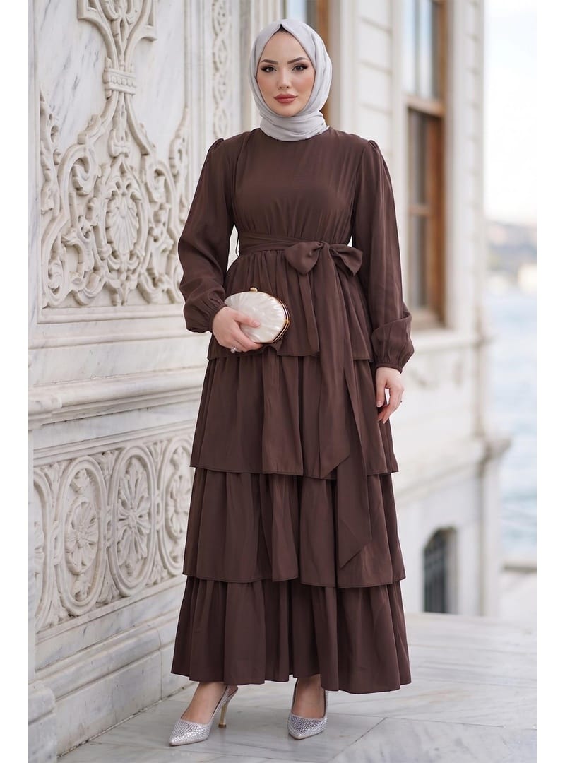Beli Lastikli Bağlamalı Kat Kat Modal Elbise Kahverengi HM2915 - Resim 2