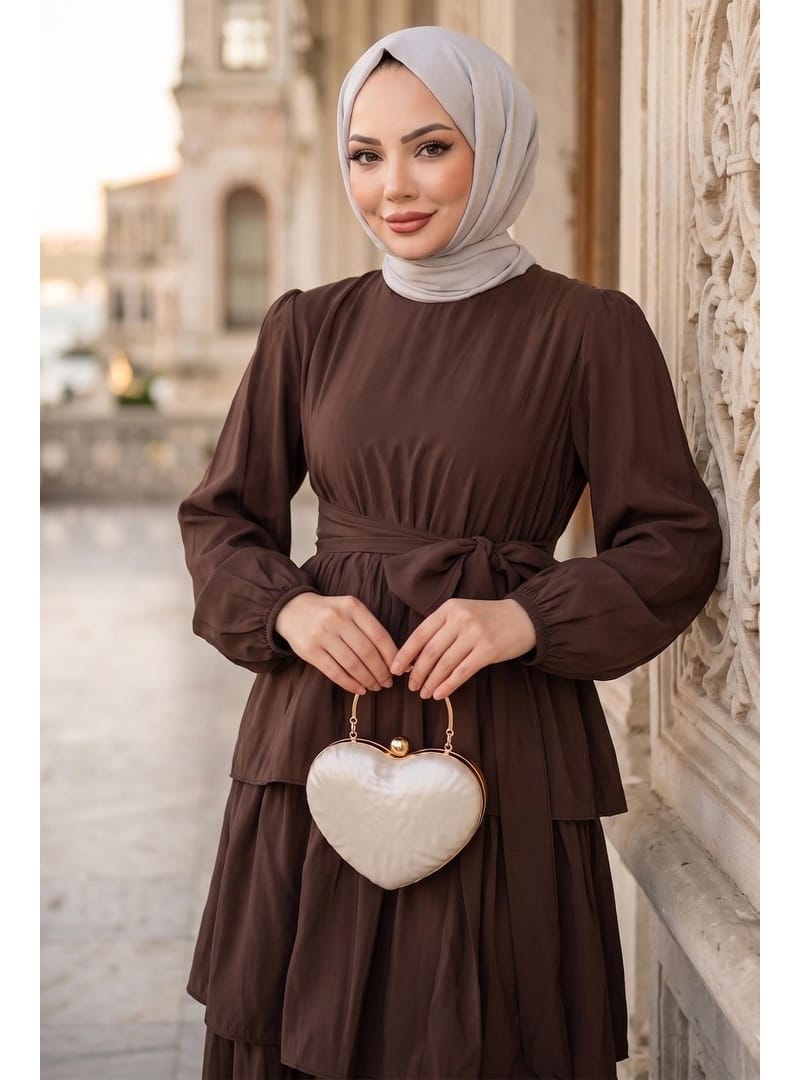 Beli Lastikli Bağlamalı Kat Kat Modal Elbise Kahverengi HM2915 - Resim 4
