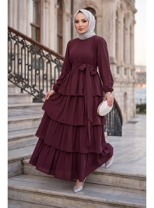 Beli Lastikli Bağlamalı Kat Kat Modal Elbise Bordo HM2915