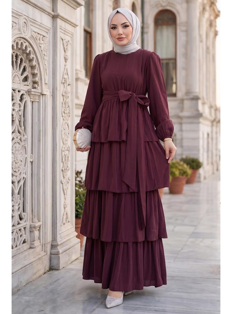 Beli Lastikli Bağlamalı Kat Kat Modal Elbise Bordo HM2915 - Resim 3