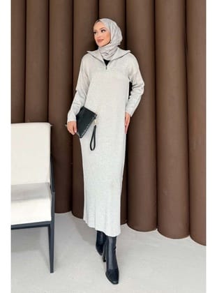 Simli Triko Elbise 32-7510 GRİ