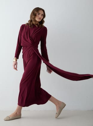Detaylı Elbise 32-2697 BORDO