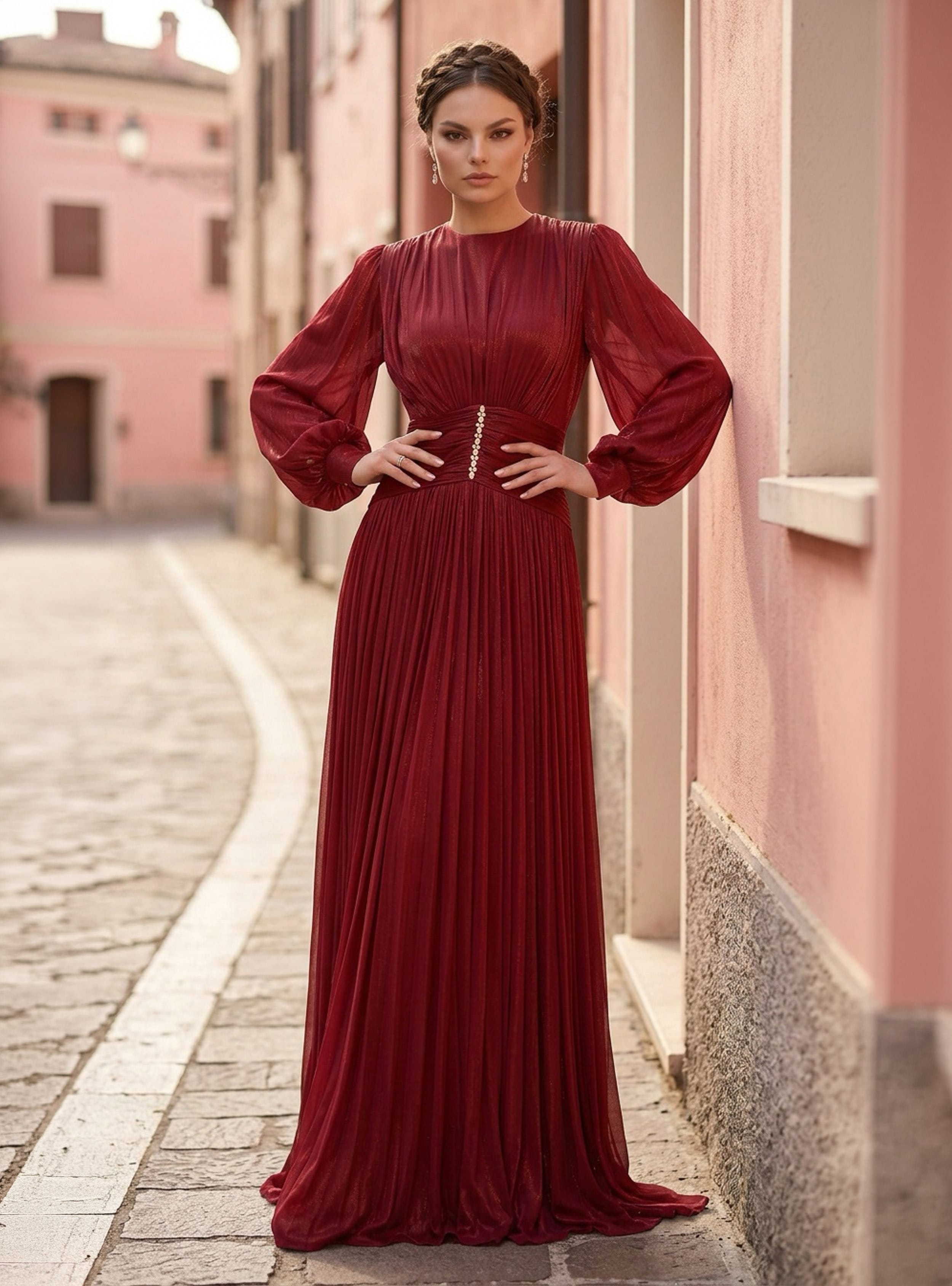Kristal Taş Detaylı Abiye Elbise - Bordo - Nurbanu Kural - Resim 4