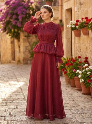 Bel Detaylı Kloş Abiye Elbise - Bordo - Nurbanu Kural