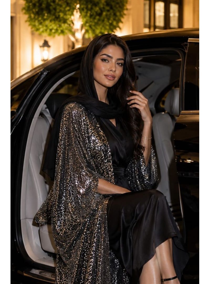 Antrasit Pul Payetli Abaya Tesettür Abiye Ferace Uzun Ceket Kimono Büyük Beden Uyumlu - Resim 2