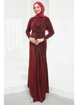 Bordo Ön Detaylı Taşlı Abiye