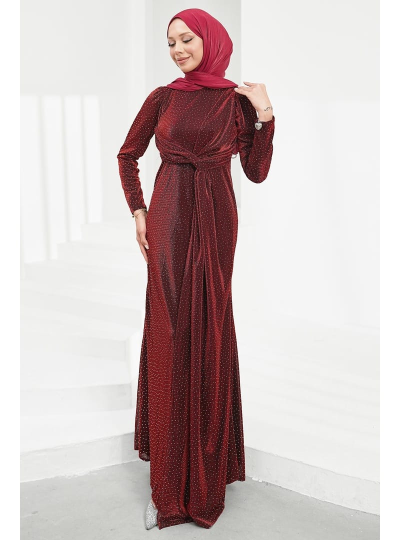 Bordo Ön Detaylı Taşlı Abiye - Resim 2