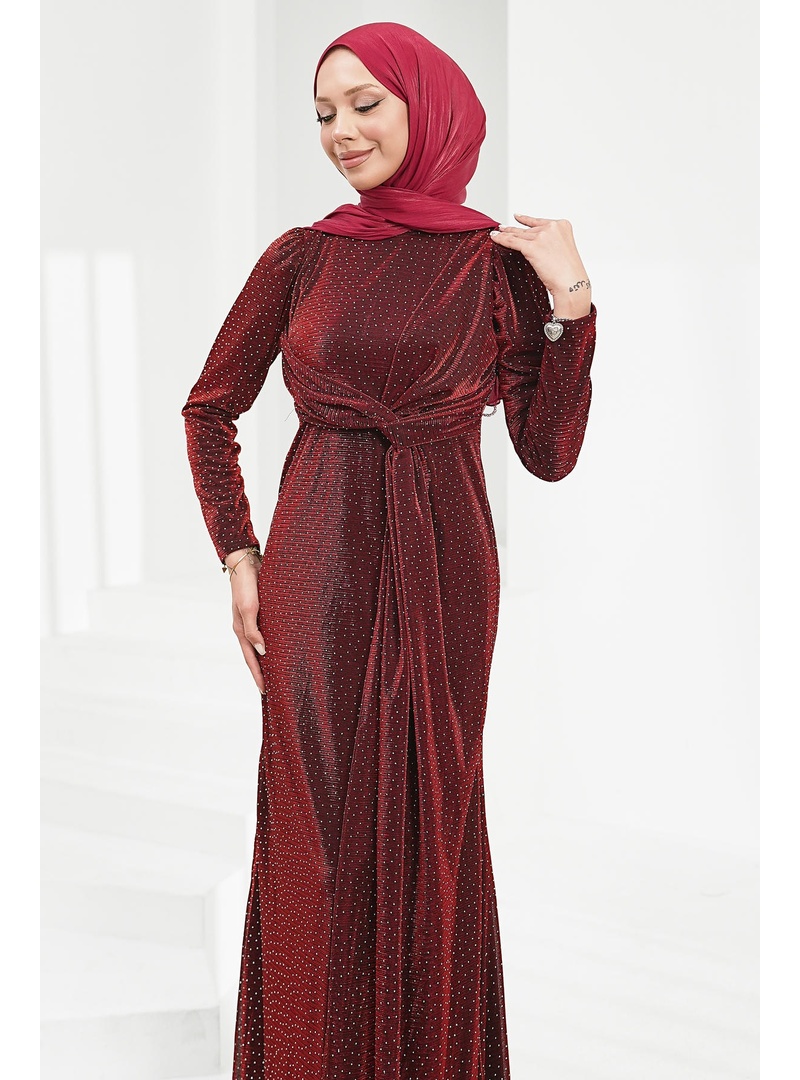 Bordo Ön Detaylı Taşlı Abiye - Resim 4