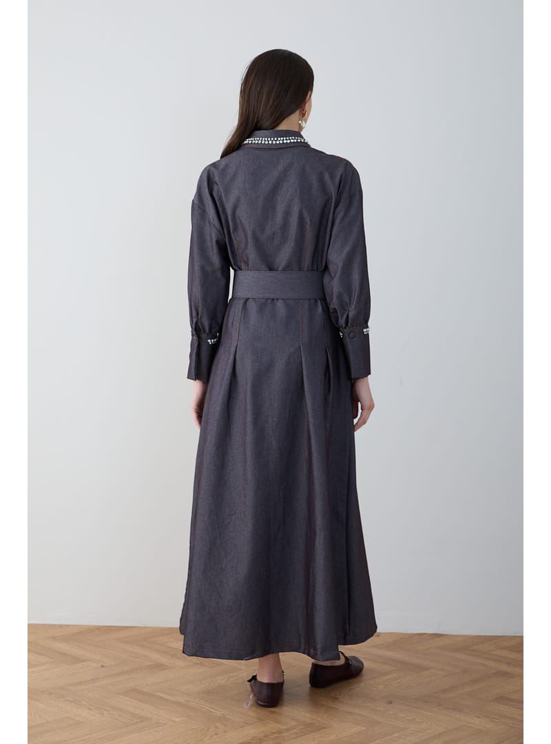 Taşlı Denim Elbise 32-2797 MÜRDÜM - Resim 2